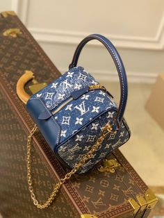 Louis Vuitton Square Bag Denim Jacquard Blue By Nicolas Ghesquiere For Women, Women’s Bags 6.3in/16cm LV M59611 Louis Vuitton Denim, Dice Bag, Nicolas Ghesquiere, Classic Logo, Square Bag, Fashion Handbags, Cow Leather, Leather Trims, Louis Vuitton Bag