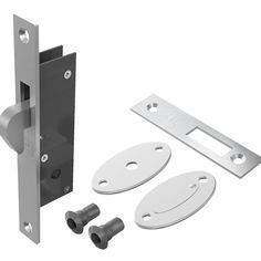 an assortment of door handles and hardware on a white background