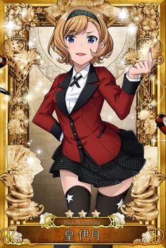 an anime character with blonde hair wearing a red jacket and black skirt, standing in front of a golden frame