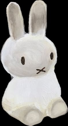 a drawing of a white rabbit with black eyes and ears, sitting on the ground