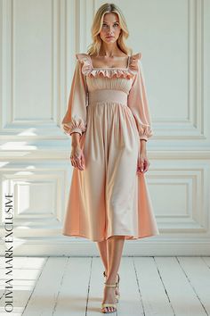 Olivia Mark - Elegant Blush Midi Dress with Square Neckline and Ruffled Accents Blush Midi Dress, Dress With Square Neckline, Understated Luxury, Flowing Skirt, Square Necklines, Cinched Waist, Olivia Mark, Square Neckline, Elegant Dresses