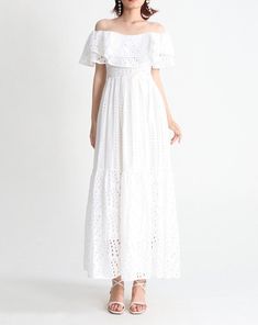 Lovely, flirty and fun, this midi dress is great for any occasion. Featuring an off-shoulder neckline and beautiful embroidered detailing throughout, it oozes personality and elegance. Perfect for any social event. Boat Neck Midi Dress For Spring Party, White Maxi Off-shoulder Dress For Party, Spring Party Midi Dress With Boat Neck, Elegant Off-shoulder Spring Dress, Spring Party Off Shoulder Maxi Dress, Spring Party Off-shoulder Maxi Dress, Spring Maxi Length Off-shoulder Party Dress, Spring Evening Off Shoulder Dress, Cocktail Midi Length Off Shoulder Dress