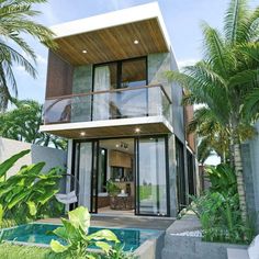 a modern house that is surrounded by palm trees