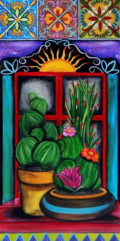 a painting of a potted plant in front of a window with colorful tiles on the wall