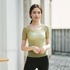 Lasaky - Adult Short Sleeve Mesh Top: Modern Yoga Activewear Fitted T-shirt For Gym In Spring, Spring Fitted T-shirt For Gym, Green Sportswear Tops For Yoga, Khaki Crew Neck Top For Sports, Green Compression Athleisure Top, Green Moisture-wicking High Stretch Tops, Spring Yoga Compression Top, Green Gym Tops, Sporty Khaki Tops