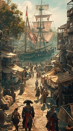 an image of a pirate ship in the middle of a town with other people on it