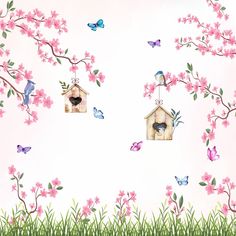 the birds are sitting on the bird houses in the tree with pink flowers and butterflies