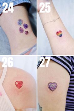 four pictures showing different types of tattoos on the back of women's shoulder and arm