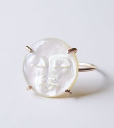 "☽MAN IN THE MOON RING☽ This beautiful vanilla pearl features a subtle shiny glow. Featuring a stunning pearl carved man in the moon face shape design. Set in 14k gold fill, this ring is a perfect for everyday wear or as a statement piece. Nickel free Ethically made in San Francisco, Ca Ring is made in size 6. It can be made larger upon request before purchase. Pearl face is approx. 15mm in diameter. Please make sure to order in your correct ring size. Gold fill can not be sized down, since heat Ring Moon, Moon Gold, Man In The Moon, Face Ring, Ring Pearl, Ring Man, In The Moon, Luxe Jewelry, Moon Face