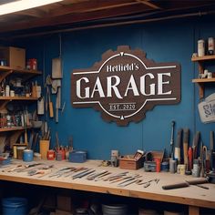 there is a sign that says garage on the wall above it and many other tools