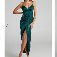 Brand New, Unworn, Unused, Tags Are Attached It Is A Showpo Satin Maxi Dress In Emerald Green. Sleek And Classy Maxi Featuring A V-Neckline, Bust Seam Gathering Detail, Fitted Waist Panel And A High-Low Tulip Skirt With Pleat Detail, This Incredible Dress Is Perfect For Any Special Events Invisible Zip And Hook-And-Eye On The Centre Back Fine Adjustable Straps Satin-Like Fabric Finish Partially Lined In Bodice Material & Care Made With 100% Polyester Wash With Similar Colours, Wash Inside Out, C Green Draped Prom Dress, Green Surplice Neckline Party Dress, Green Formal Dress With Surplice Neckline, Formal Green Dress With Surplice Neckline, Green Midi Dress With Surplice Neckline For Evening, Green Ruched Dinner Dress, Green Ruched Dress For Dinner, Green Draped Satin Dress, Green Satin Dinner Dress