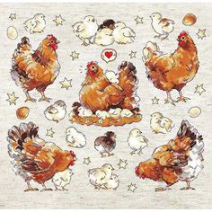 cross stitch pattern of chickens and chicks on white fabric with stars in the sky behind them