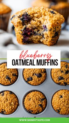 blueberry oatmeal muffins in a muffin tin with the title overlay