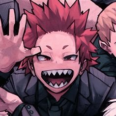 two anime characters with red hair and fangs on their faces, one holding his hand up to the camera