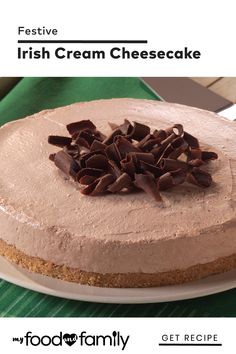 a cheesecake with chocolate shavings on top is featured in the food family magazine