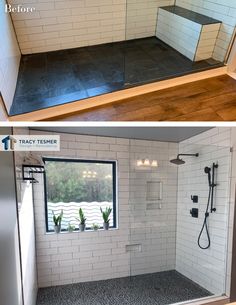 before and after photos of a bathroom remodel with glass shower doors, tile floor