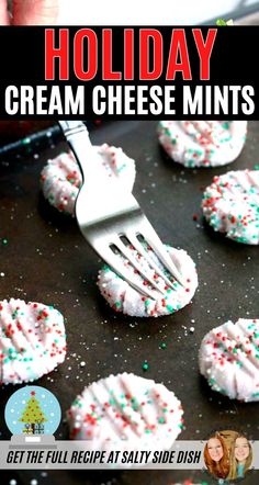 holiday cream cheese mints on a baking sheet with a fork