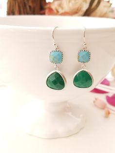 Green Onyx earrings, Blue Turquoise Earrings, Wedding Jewelry, Bridesmaid Gift Hypoallergenic Turquoise Jewelry For Anniversary, Blue Emerald Gemstone Earrings, Elegant Turquoise Nickel-free Jewelry, Blue Sterling Silver Jewelry For Bridesmaid Gift, Sterling Silver Blue Jewelry For Bridesmaid Gift, Hypoallergenic Green Jewelry For Weddings, Turquoise Drop Earrings For Wedding, Turquoise Jewelry With Ear Wire For Wedding, Turquoise Wedding Jewelry With Ear Wire