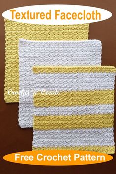 two white and yellow striped crochet placemats on a brown surface with text that reads textured facecloth