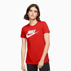 nike-womens-sportswear-essential-crew-neck-t-shirt-bv6169-673 Nike Tracksuit, Adidas Tracksuit, Women's Sportswear, Nike Shirt, Nike Tech, Classic Logo, Clothing Essentials, Shorts With Tights, Sportswear Women