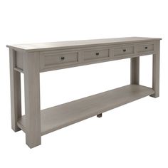 a grey console table with three drawers on one side and two shelves on the other