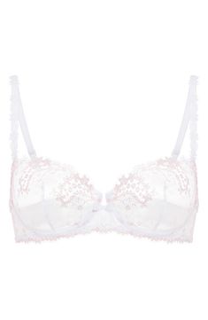 This romantic lace-detailed demi bra provides natural lift and shaping via sheer tulle cups veiled in delicate floral embroidery. 92% polyester, 8% elastane Hand wash, dry flat Imported Delicate Lace Bra With Lace Trim, Fitted Lace Bra With Lace Trim, Feminine Full Cup Bra With Lace Trim, Feminine White Bra With Lace Closure, White Feminine Bra With Lace Closure, Lace Bra With Sweetheart Neckline And Lace Trim, Fitted Bra With Lace Trim And Sweetheart Neckline, Sheer Underwire Bra For Wedding, Feminine Lace Push-up Bra