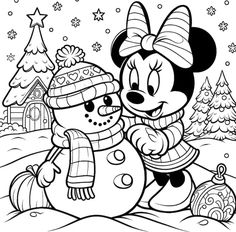 minnie mouse and snowman in the winter wonderland coloring pages for kids with christmas decorations