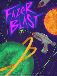 an image of a space scene with the words fazer blast in purple and green