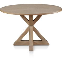 a round wooden table with an x design on the top and two crossed legs, against a white background