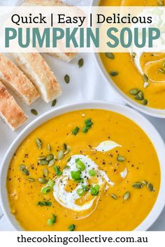 two bowls filled with creamy roasted pumpkin soup