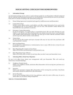 the house sitting checklist for homeowners is shown in this document, which contains information