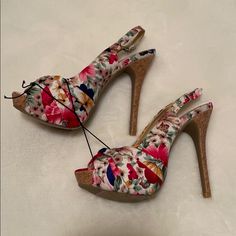 Nwt Floral Peep Toe Cork Heels! Forgot I Had These And Now They Don’t Fit. They’d Be Perfect With A Summer Dress Or Cuffed Jeans And A Tank! They Didn’t Come With A Box, But I’ll Pack Them Well For Shipping. Pink Stiletto Heels, Strappy Platform Heels, Pink Stilettos, Black Chunky Heels, Cork Heels, Heeled Mules Sandals, Ankle Strap High Heels, Pumps Heels Stilettos, Leather Heels Sandals