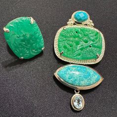 Lovely Amy Kahn Russell (Akr) Sterling Carved Jade/Turquoise/Topaz Brooch/Pendant Sterling Carved Jade Ring Ring Size: Approx. 11 Pre-Loved Willing To Sell Separately. Turquoise Brooch For Formal Occasions, Sterling Silver Green Brooch, Green Sterling Silver Brooch Jewelry, Green Sterling Silver Brooch, Green Gemstone Pendant Brooches, Carved Jade, Jade Ring, Jade Carving, Topaz Ring