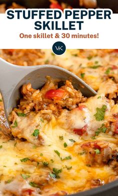 a spatula scooping some food out of a skillet with the words, stuffed pepper skillet one skillet & 30 minutes