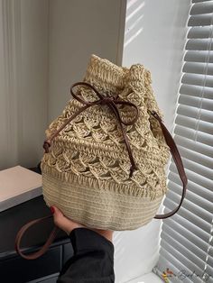 BirdinBag - Compact Drawstring Straw Bag Straw Bucket Bag, Summer Getaway, Tropical Style, Bag Bag, Free Logo, Color Khaki, Atom, Effortless Style, Straw Bag