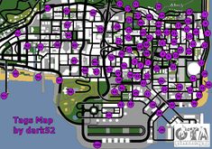 a map with lots of purple dots on it and some buildings in the background,