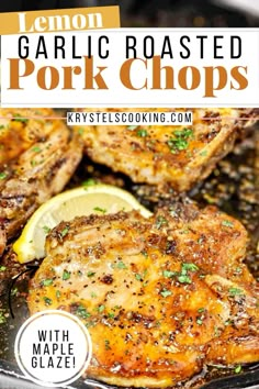 lemon garlic roasted pork chops in a skillet