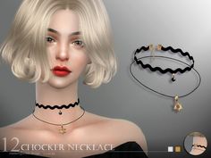 an image of a woman with blonde hair wearing chokers and necklaces on her neck