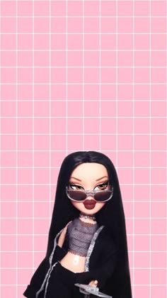 a doll with long black hair and glasses on her face is standing in front of a pink tiled wall