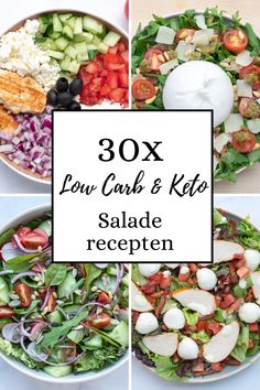 four different salads with the words 30x low carb and keto