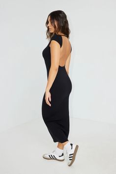 Jaws = dropped. Features - Boat neckline - Open back - Short cap sleeves - Ribbed Size & Fit - Fit: Fitted, stretchy - Length: Maxi - Model is wearing size S Materials & Care - Content: 94% modal, 6% spandex - Care: Machine wash, cold - Imported Open Back Maxi Dress, Street Dress, Pink Homecoming Dress, Maxi Dress Black, Open Back Dresses, Boat Neckline, Back Dress, Dress Size Chart, Black Maxi Dress