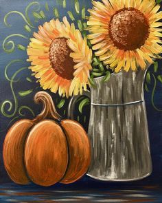 a painting of two sunflowers in a vase with a pumpkin next to it