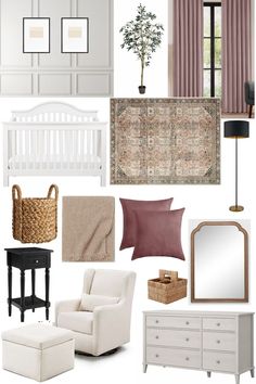 a collage of white furniture and accessories including a crib, dresser, chair, mirror, rug, lamp, window, table with pink curtains