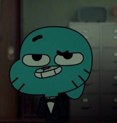 the cartoon character is wearing a suit and standing in front of a filing cabinet with drawers