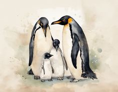 three penguins standing next to each other in front of a watercolor background with yellow eyes