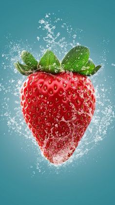 a strawberry splashing into the water with green leaves on it's top and bottom