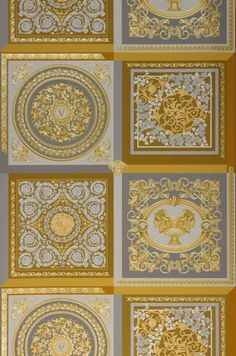 four different types of gold and silver wallpapers with ornate designs on the walls