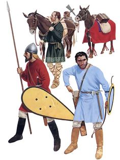 "• Servant, 10th-11th centuries • Pack-mules, 10th century • Unarmoured infantryman, 11th-12th centuries • Psilos, 10th century", Angus McBride Osprey Publishing, Fantasy Story Ideas, Army Poster, Military Costumes, Roman Soldier