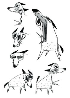 four different types of cartoon dogs with their mouths open and eyes closed, all in black and white