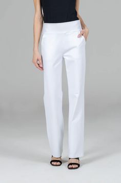 Experience ultimate comfort and style with our Nina Straight Leg Pant in crisp White. Crafted from luxurious 4-way stretch fabric, these pants offer exceptional flexibility and ease of movement. The elastic-free waistband and convenient side pockets provide a sleek, streamlined look. Perfect for any occasion. Yoga Bottoms, Straight Leg Pant, Travel Pants, 4 Way Stretch Fabric, Fall Collection, Black Dress Pants, Yoga Tops, Fall Collections, Tight Leggings